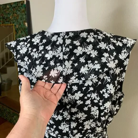 Vintage Size 12 Women's Floral Print Ruffle Dress Black White Tie Waist - Picture 12 of 16